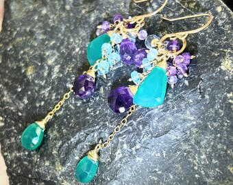 Green onyx earrings golden gem tone floral leaf natural inspired spring garden chandelier earrings with amethyst, blue topaz.