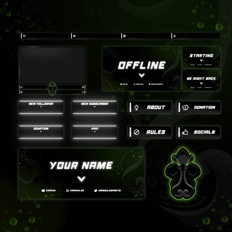 Animated Twitch Kick Streaming Overlay Facecam, Panels, Alerts, Scenes