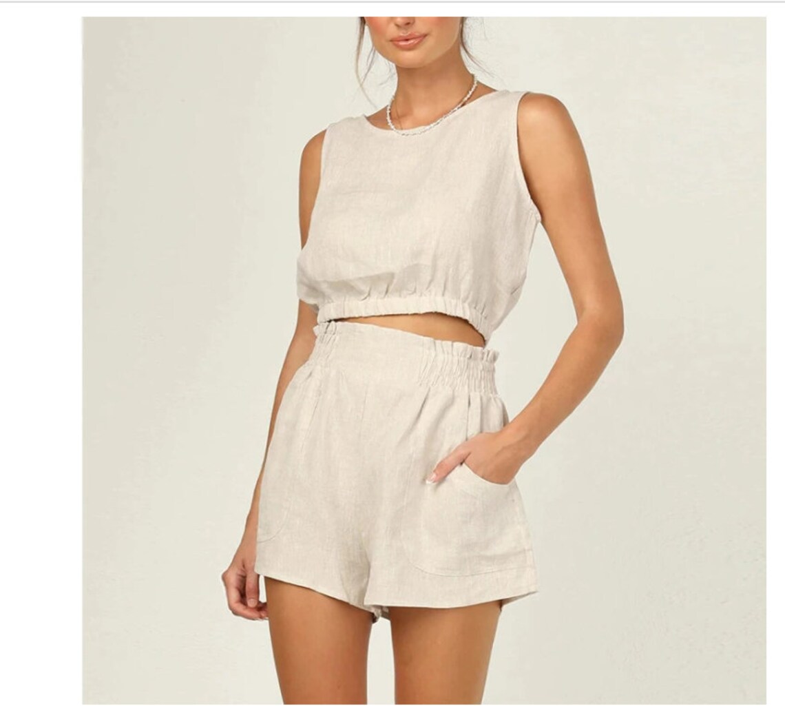 Summer Casual Linen Two Piece Sets Women Solid Sleeveless Top Etsy