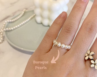 Baroque pearl ring, Beaded pearl ring, Pearl ring band, Stacking ring, Freshwater pearl ring, Simple ring, Friendship ring, Gift for her