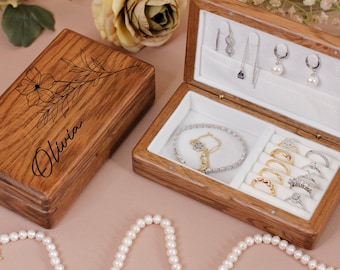 Custom Engraved Jewelry Box, Personalized Travel Case for Women, Bridesmaid Gift, Wooden Jewelry Organizer, Personalized Jewelry Box