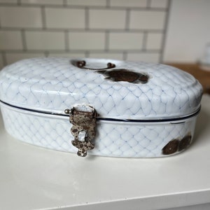 Truly rare chicken wire patterned oval graniteware bread box