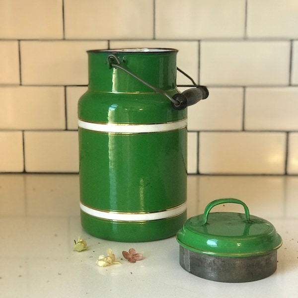 Gorgeous Vintage Enamelware Green with white stripe and gold trim jug with wooden handle and working lid from southern India.