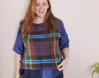 Wool Plaid Vest · Handmade Cropped Purple Plaid Pullover, Boxy Oversized Casual Clothing for Plus Size Women