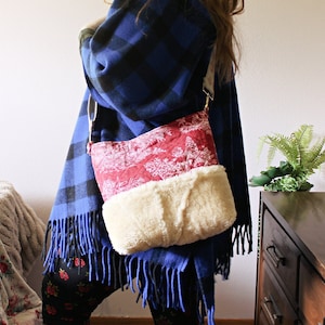 Quilted Sheepskin Crossbody Tote Bag · Sheep Shearling Red Cream · Handmade Purse