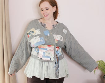 OOAK Boho Patchwork Jacket · Upcycled Quilted Coat in Grey and Pastel Pink Cotton Handmade Plus Size Cottagecore Fashion, One Size