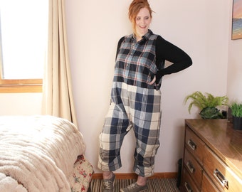 Upcycled Jumpsuit · Boho Harem Barrel Leg Pant Blue Plaid Sleeveless Oversized Playsuit Plus Size