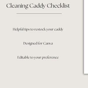 May include: A printable checklist for restocking a cleaning caddy. The checklist includes items like vinegar and water, soap and water, alcohol and water, cleaning gloves, ziplock bags, toilet brush and cleaner, Q-tips, and a small trash bag. The checklist is designed for Canva and is editable to your preference.