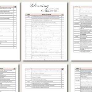 Puede incluir: Una lista de verificación de limpieza con secciones para diferentes áreas de la casa, incluyendo el puente, el baño, la cabina y la cocina. Cada sección enumera las tareas que se deben completar para cada área.