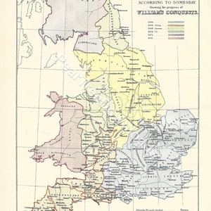 Puede incluir: Un mapa de Inglaterra según el Domesday Book, que muestra el progreso de las conquistas de Guillermo. El mapa está dividido en diferentes colores, que representan los años 1066, 1068 primavera, 1068, 1069-70, 1072 y 1081. El mapa también incluye una clave que explica los diferentes colores y el significado de los símbolos.