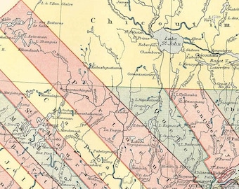 May include: A vintage map of Quebec, Canada, showing the different regions and cities. The map is in a light yellow, pink, and blue colour scheme. The map includes the names of cities and towns, rivers, and lakes.