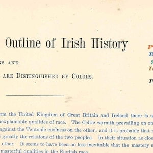 Op de afbeelding: Een zwart-wit tekstdocument met de titel "A Logical Outline of Irish History". De tekst is onderverdeeld in secties met koppen zoals "Dominerende omstandigheden en invloeden worden onderscheiden door kleuren", "Fysiek of materieel", "Ethnologisch", "Sociaal en politiek", "Intellectueel, moreel, religieus" en "Vreemd".