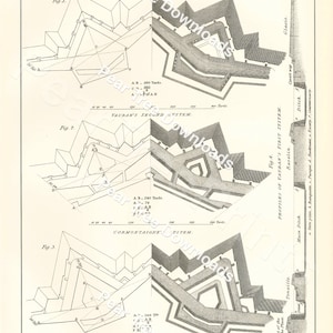 May include: A black and white illustration of three different fortification systems: Vauban's First System, Vauban's Second System, and Cormontaigne's System. Each system is shown in plan view and profile view. The illustration includes labels for the different parts of each system, such as the ditch, glacis, and rampart.