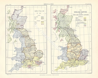アンティーク・イングランド地図：1875年ブリタニカ印刷、イギリス帝国