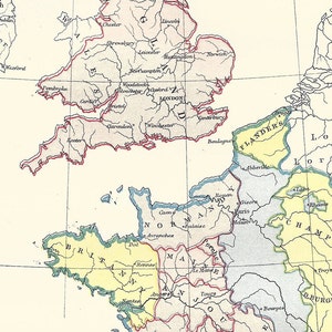INGLATERRA E FRANÇA na ascensão de Henrique II 1154 - Mapa digital antigo raro de 1886 - Artesanato em papel - Download instantâneo