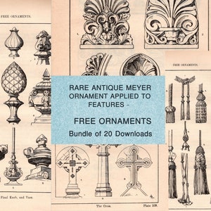Könnte beinhalten: Eine Sammlung von Vintage-Illustrationen dekorativer Architekturelemente, darunter Aufsätze, Quasten und Kreuze. Die Illustrationen sind in Schwarzweiß gehalten und haben einen detaillierten, kunstvollen Stil. Der Text "FREE ORNAMENTS Bundle of 20 Downloads" ist über das Bild gelegt.