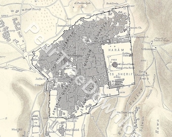 May include: A detailed black and white map of Jerusalem, showing the city's layout and key landmarks, including the Old City, the Temple Mount, and the Western Wall. The map also includes the names of various streets, gates, and other features.
