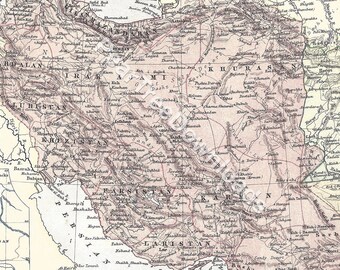 May include: A vintage map of Persia, showing the regions of Ardalan, Kurdistan, Khoristan, Farsistan, and Laristan. The map is printed in black and white with red lines and text.
