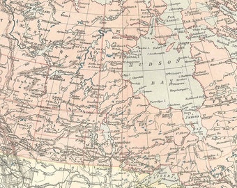 May include: A vintage map of North America, showing the geographical features of Canada, including lakes, rivers, and mountains. The map is printed in black and white with red and blue accents. The map is titled "North America" and includes the text "HUDSON'S BAY" and "JAMES BAY".