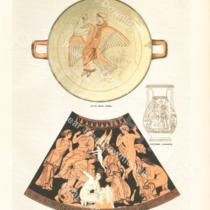 May include: A vintage illustration of ancient pottery, featuring a Kylix from Capua with a figure riding a bird, and an Amphora from Camirus, Rhodes, depicting a scene with multiple figures. The artwork is in shades of orange, black, and cream.
