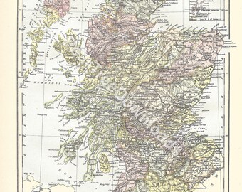 May include: A detailed vintage map of Scotland, showing geographical features and place names. The map uses a color palette of yellow, green, pink, and brown. The title "Scotland" is at the top, and the text "Encyclopaedia Britannica, Ninth Edition" is at the bottom of the map.