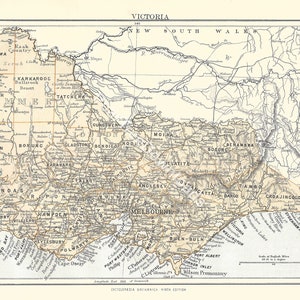May include: A vintage map of Victoria, Australia, showing the state's major cities, towns, and rivers. The map is in black and white and has a light brown background. The map is titled "Victoria" and is labeled "Vol. XXIV, Plate VI."