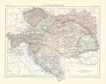 May include: A vintage map of Austria-Hungary, showing the borders of the different provinces and kingdoms. The map is in shades of pink, yellow, and green, with rivers and other geographical features shown in blue. The map is titled "Austria-Hungary" and is labelled "Plate III."
