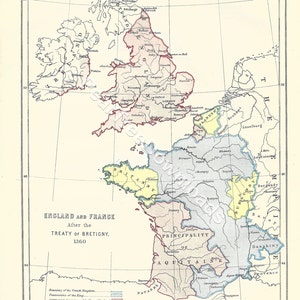 INGLATERRA E FRANÇA Após o Tratado de Bretigny 1360 - Mapa digital antigo raro - Arte vintage - Decoração de parede - Artesanato em papel - Download instantâneo