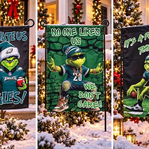Drapeaux de jardin personnalisés sur le thème du Grinch des Eagles de Philadelphie, 30 x 45 cm