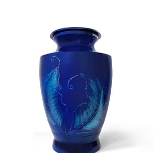 Blue Feather Cremation Urn: Hand-Painted Funeral Urn for Ashes (220 Lbs)