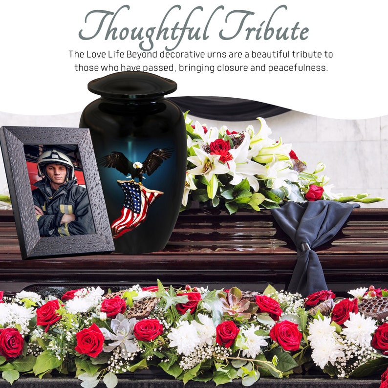 Patriotic Brass Cremation Urn For Veterans – Navy Blue, Handcrafted, 200 Cubic Inches, With American Flag & Eagle Design