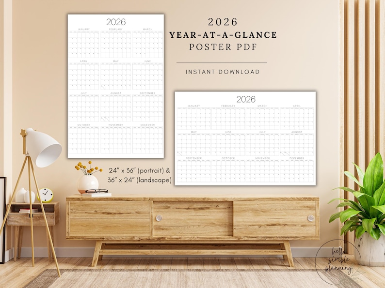 2026 Year-at-a-Glance Calendar: Minimalist Wall Planner (PDF Download, 24” x 36”) image 1