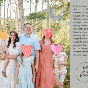 May include: A family of seven poses outdoors in front of a backdrop of trees. The family is wearing a variety of pastel-colored clothing. The text on the right side of the image says "Every product in my Etsy shop is a tool I originally created to keep our busy household organized."
