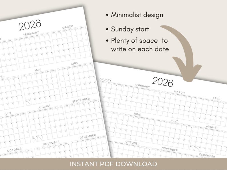 2026 Year-at-a-Glance Calendar: Minimalist Wall Planner (PDF Download, 24” x 36”) image 2