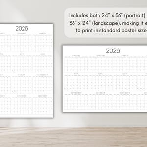 May include: Two minimalist 2026 calendars, one vertical and one horizontal, against a white background. The calendars are in a simple, clean design with the year at the top. The text includes "Includes both 24" x 36" (portrait) and 36" x 24" (landscape)".