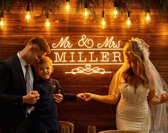 Mr & Mrs Hochzeits-Leuchtreklame, benutzerdefinierte Hochzeitsname Neon-Schild, batteriebetriebenes Upgrade verfügbar, Hochzeits-Neon-Schild für den Empfang