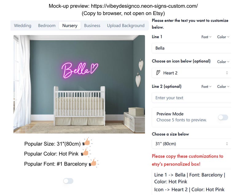 K&ouml;nnte beinhalten: Ein individuelles, leuchtend pinkes Neonschild mit dem Namen Bella und einem Herzsymbol, montiert an einer dunkelblauen Wand &uuml;ber einem wei&szlig;en Kinderbett. Die Benutzeroberfl&auml;che bietet Anpassungsoptionen f&uuml;r Text, Schriftart, Farbe und Gr&ouml;&szlig;e.