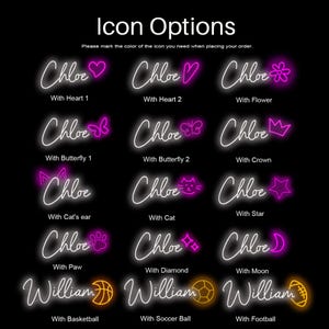 K&ouml;nnte beinhalten: Eine Anzeige auf schwarzem Hintergrund mit Symboloptionen f&uuml;r Neonschilder. Der Text zeigt Chloe oder William in wei&szlig;er Schreibschrift, kombiniert mit verschiedenen pinken oder orangen Neon-Symbolen wie Herzen, Blumen, Schmetterlingen, Kronen, Katzen, Sternen, Pfoten, Diamanten, Monden und Sportb&auml;llen.