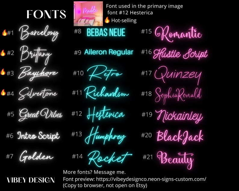 K&ouml;nnte beinhalten: Eine schwarze &Uuml;bersicht mit einundzwanzig nummerierten Schriftarten f&uuml;r Leuchtreklamen. Die Liste enth&auml;lt Textbeispiele in Wei&szlig;, Cyan und Pink mit Namen wie Barcelony, Bebas Neue und Romantic sowie ein kleines Foto eines Leuchtschildes.