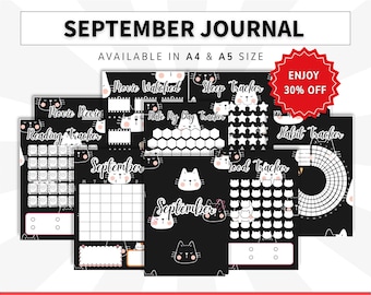 September Journal Bundle: Cute Cat Black Theme, Printable Journal Pages, Pre-Coloured Pages, Habit Tracker, Mood Tracker, Instant Download