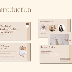 May include: A beige and brown presentation slide with the text "The Art of Setting Healthy Boundaries" and "Welcome I'm Maria". The slide also features a photo of a woman with brown hair and a white shirt.