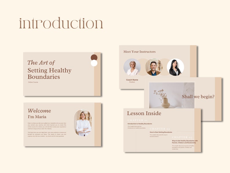 May include: A beige and brown presentation slide with the text "The Art of Setting Healthy Boundaries" and "Welcome I'm Maria". The slide also features a photo of a woman with brown hair and a white shirt.