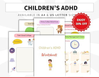 May include: A set of 15 printable Children's ADHD worksheets in A4 and US Letter size. The pages feature colorful illustrations including a bear, a space theme, and a time management clock. Text includes 'Children's ADHD Worksheets' and 'Story Cubes Adventure'.
