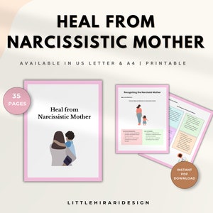 Op de afbeelding: Een roze en witte printbare gids met de titel "Genezen van een narcistische moeder" met 35 pagina's. De omslag toont een illustratie van een vrouw die een kind vasthoudt. De gids is beschikbaar in de formaten US Letter en A4.