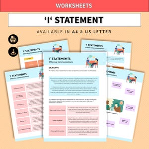 May include: A set of educational worksheets titled 'I' STATEMENT, featuring text on effective communication, objective sections, and tables. The documents include illustrations of two people sitting and talking, with light blue and peach colour accents.