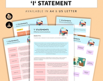 May include: A set of educational worksheets titled 'I' STATEMENT, featuring text on effective communication, objective sections, and tables. The documents include illustrations of two people sitting and talking, with light blue and peach color accents.