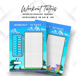 Op de afbeelding: Twee afdrukbare Workout Tetris-vellen met een pixelontwerp. De vellen hebben een raster voor het bijhouden van workouts, met een blauwe hemel achtergrond en Tetris-thema graphics. De tekst "Workout Tetris" wordt bovenaan weergegeven.