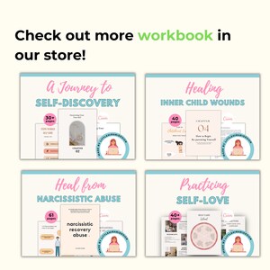 May include: Four digital printable workbooks with pink and blue covers. The titles are "A Journey to Self-Discovery", "Healing Inner Child Wounds", "Heal from Narcissistic Abuse", and "Practicing Self-Love". Each cover features a cartoon illustration of a woman working on a laptop.
