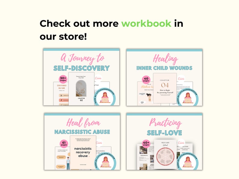 May include: Four digital printable workbooks with pink and blue covers. The titles are "A Journey to Self-Discovery", "Healing Inner Child Wounds", "Heal from Narcissistic Abuse", and "Practicing Self-Love". Each cover features a cartoon illustration of a woman working on a laptop.