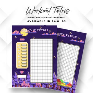 Op de afbeelding: Twee digitale, printbare downloads getiteld "Workout Tetris" in A4- en A5-formaten. Het ontwerp heeft een pixelachtige esthetiek met een raster voor het volgen van workouts, een "Start"-knop en Tetris-elementen in paars, geel en roze.